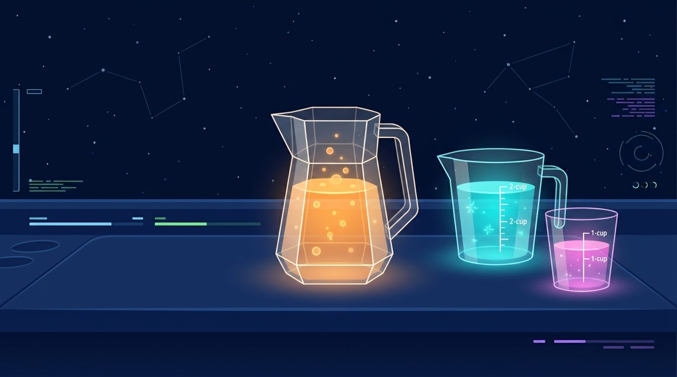 Geometric illustration of a central glass pitcher filled with glowing orange fuel next to a cyan juice beaker and a pink soda beaker, representing the ratio ingredients of Cosmic Fuel."